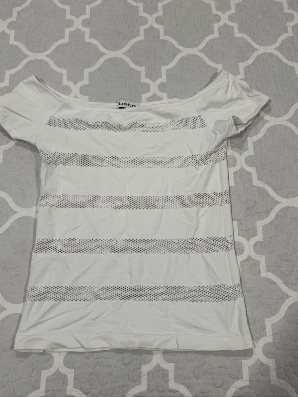 bebe White Short-Sleeve Scoop Neck Mesh Stripe Top - Picture 2 of 4